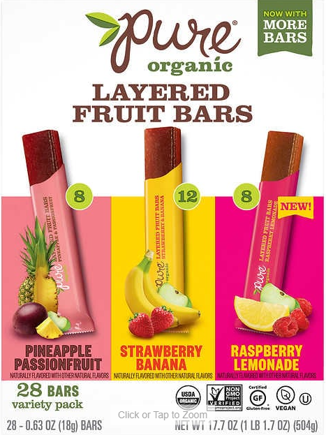 Pure 28ct Organic Layered Fruit Bars, Variety Pack, 0.63 oz,