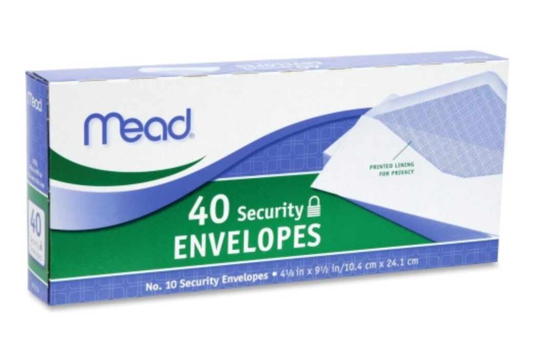 Mead #10 Security Envelopes, White, 40 pack