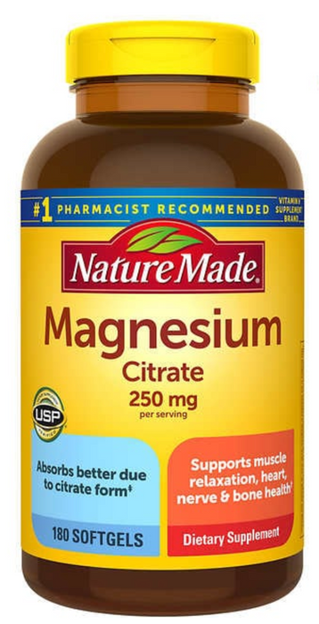 Nature Made 180 Softgels, Magnesium Citrate 250 mg.