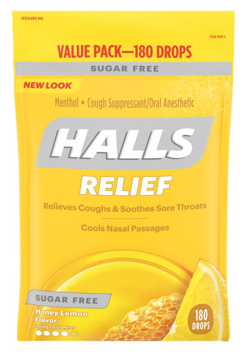 Halls 180ct Sugar-Free Honey Lemon Cough Suppressant Drops