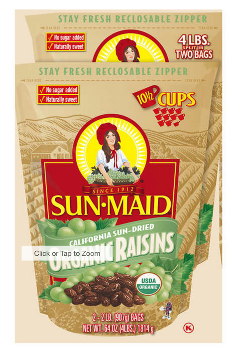 Sun-Maid Organic California Sun-Dried Raisins, 2 lbs, 2-count
