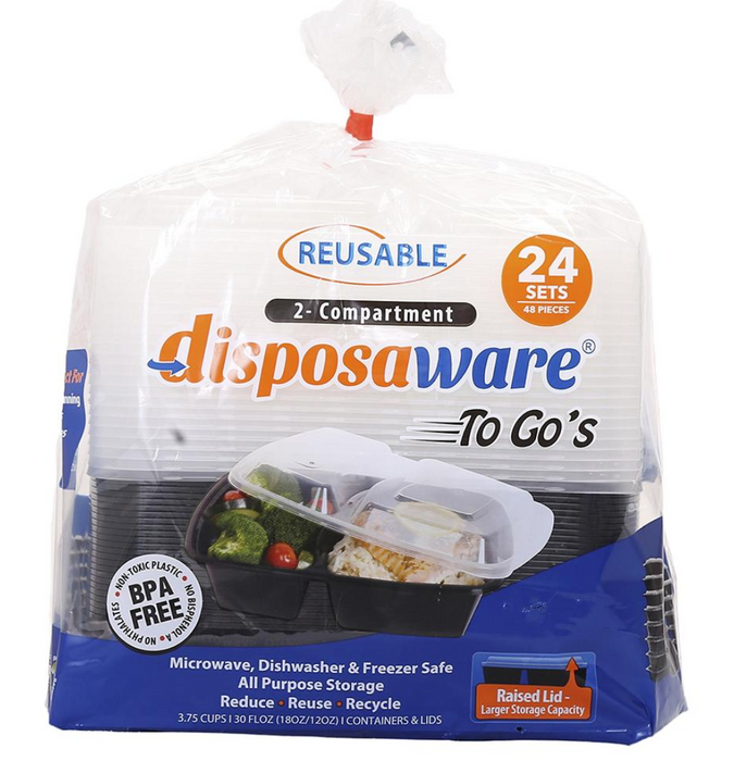Disposaware 2 Compartment Reusable Meal Containers, 24 pk.