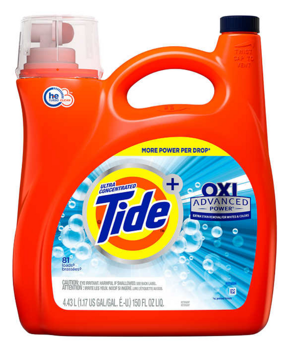 Tide Advanced Power 81 Loads Ultra Concentrated Liquid Laundry Detergent with Oxi, Original, 150 fl oz