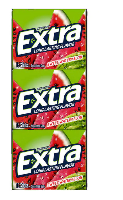 Extra Sugar Free Chewing Gum, Sweet Watermelon, 15-sticks, 12-count