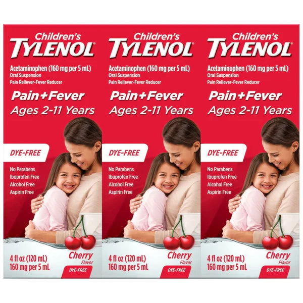 Children's Tylenol Dye-Free Cherry Flavor Oral Suspension, 3x 4 fl .oz