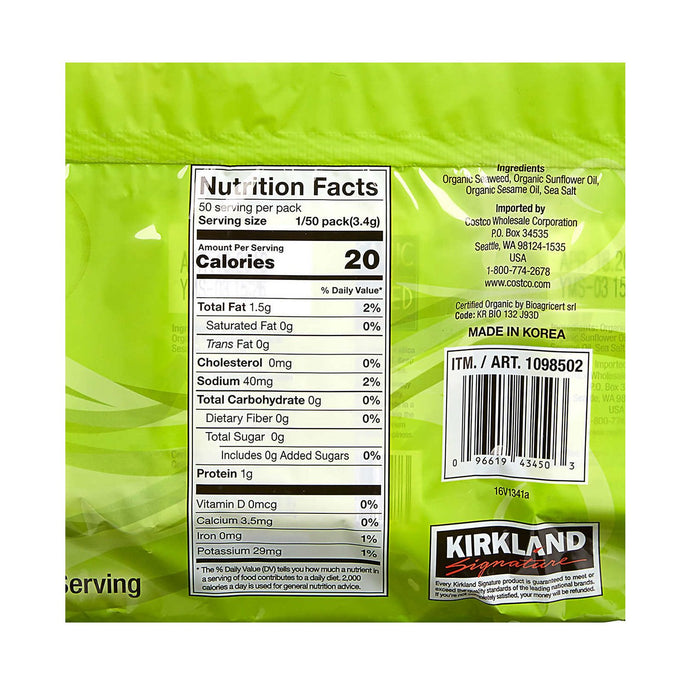 Kirkland Signature Organic Roasted Seaweed Snack, 0.6 oz, 10-count